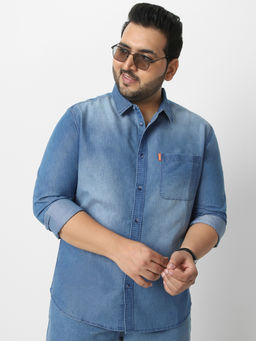 Urbano Plus - Mens Light Blue Full Sleeve Regular Fit Denim Casual Shirt