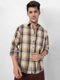 Urbano Fashion - Mens Beige Cotton Full Sleeve Regular Fit Checkered Casual Shirt