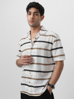 Urbano Fashion - Mens Brown & White Cotton Half Sleeve Oversized Fit Crochet Shirt