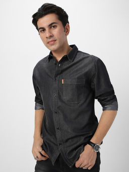 Urbano Fashion - Mens Dark Grey Full Sleeve Regular Fit Denim Casual Shirt