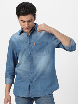 Urbano Fashion - Mens Light Blue Full Sleeve Regular Fit Denim Casual Shirt