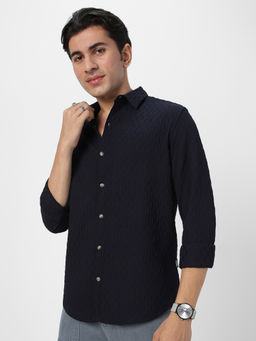 Urbano Fashion - Mens Navy Blue Cotton Full Sleeve Regular Fit Textured Casual Shirt