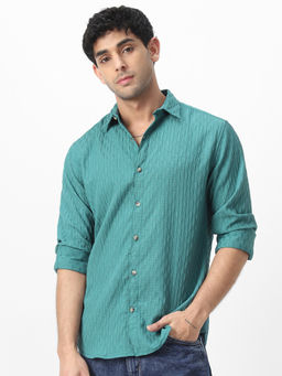 Urbano Fashion - Mens Turquoise Cotton Full Sleeve Regular Fit Textured Casual Shirt