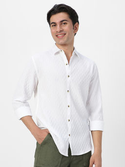 Urbano Fashion - Mens White Cotton Full Sleeve Regular Fit Textured Casual Shirt