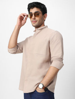 Urbano Fashion - Mens Beige Cotton Full Sleeve Regular Fit Solid Casual Shirt