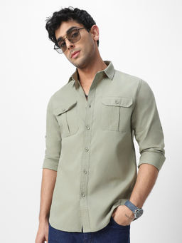 Urbano Fashion - Mens Olive Cotton Full Sleeve Regular Fit Casual Solid Shirt