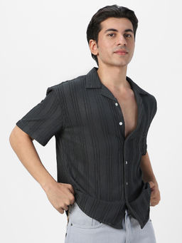 Urbano Fashion - Mens Dark Grey Cotton Half Sleeve Oversized Fit Textured Casual Shirt