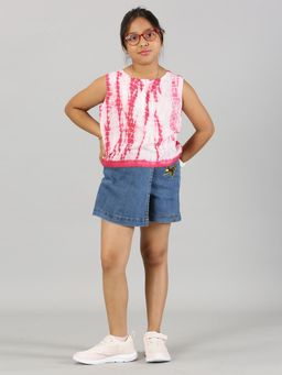 KiddoPanti - Girls Sleeveless Top And Denim Over Lap Shorts With Applique