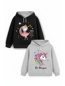 Trampoline - Girls Fleece Unicorn Printed Hooded Hoodie - Black Grey (Pack of 2)