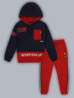 PLUM TREE - Boys Raised Print Hooded Sweatshirt And Printed Jogger - Navy Blue Red