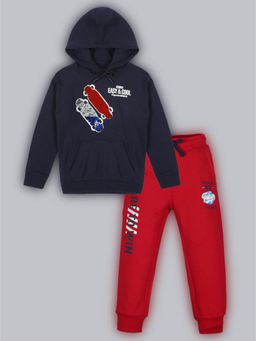 PLUM TREE - Boys Reversible Sequins Hooded Sweatshirt And Printed Jogger - Navy Blue Red