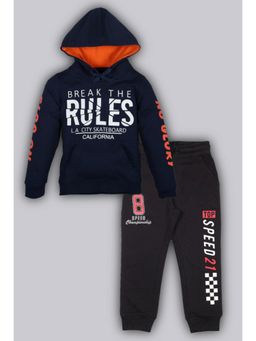 PLUM TREE - Boys Raised Print Hooded Sweatshirt And Printed Jogger - Navy Blue Black