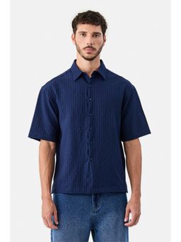 Snitch - Navy Blue Textured Half Sleeves Boxy Casual Shirt for Men