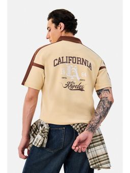 Snitch - Beige Typography Oversized Casual Polo T-shirt for Men