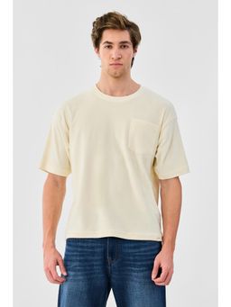 Snitch - Cream Solid Half Sleeves Oversized Casual T-shirt for Men