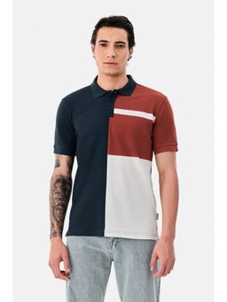 Snitch - Navy Blue Colour-block Regular Casual Polo T-shirt for Men