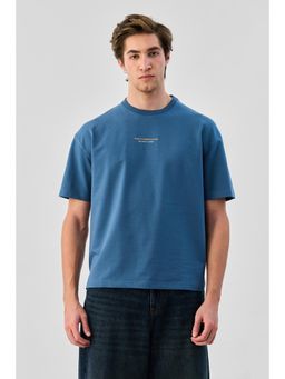 Snitch - Blue Solid Half Sleeves Oversized Casual T-shirt for Men