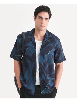 Rare Rabbit - Mens Wesh Navy Blue Viscose Fabric Tropical Print Shirt