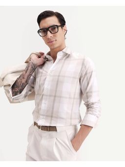 Rare Rabbit - Mens Taki Beige Cotton Fabric Regular Fit Checked Shirt