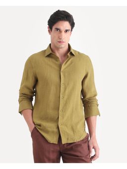 Rare Rabbit - Mens Mavi-S26 Mustard Fabric Plain Shirt