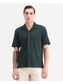 Rare Rabbit - Mens Kelos-26 Dark Green Cotton Blend Fabric Cuban Collar Plain Shirt