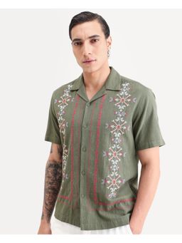 Rare Rabbit - Mens Jank Green Cotton Blend Fabric Cuban Collar Embroidered Shirt