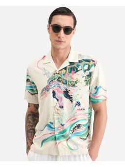 Rare Rabbit - Mens Hani Off White Viscose Fabric Cuban Collar Abstract Print Shirt