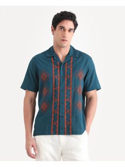 Rare Rabbit - Mens Eron Dark Teal Cotton Fabric Cuban Collar Embroidered Shirt