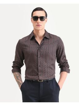 Rare Rabbit - Mens Chel Brown Cotton Blend Fabric Geometric Print Shirt