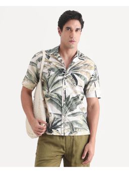 Rare Rabbit - Mens Beau Beige Cotton Fabric Cuban Collar Tropical Print Shirt