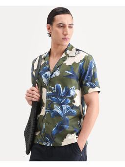 Rare Rabbit - Mens Aric Green Cotton Blend Fabric Cuban Collar Tropical Print Shirt