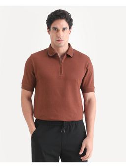 Rare Rabbit - Mens Argyn Rust Cotton Fabric Regular Fit Plain Polo T-shirt