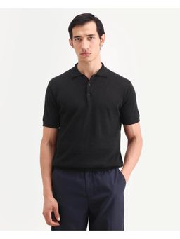 Rare Rabbit - Mens Mekko-S26 Black Linen Blend Fabric Regular Plain Polo T-shirt