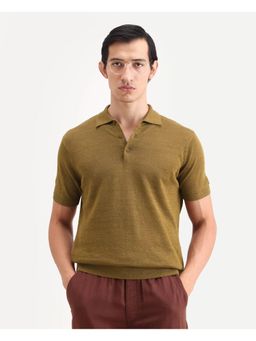 Rare Rabbit - Mens Mekko-S26 Dusky Olive Linen Blend Regular Plain Polo T-shirt
