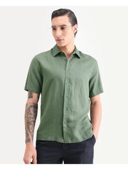 Rare Rabbit - Mens Linex Ss Green Linen Blend Fabric Regular Plain Shirt