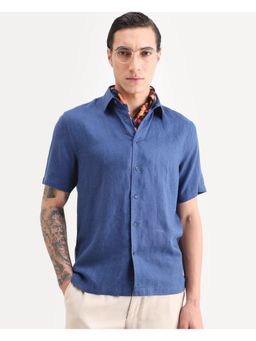 Rare Rabbit - Mens Linex Ss Blue Linen Blend Fabric Regular Plain Shirt