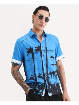 Rare Rabbit - Mens Pheena Dark Blue Viscose Fabric Printed Shirt