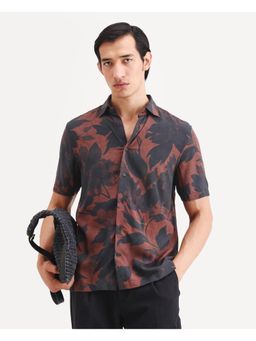 Rare Rabbit - Mens Mork Dusky Brown Viscose Fabric Tropical Print Shirt