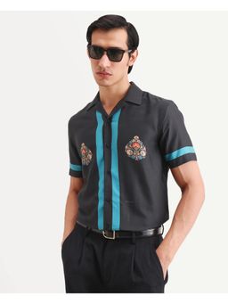 Rare Rabbit - Mens Jumble Dark Black Cotton Fabric Printed Shirt