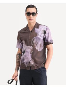 Rare Rabbit - Mens Jena Dusky Brown Cotton Blend Fabric Cuban Collar Floral Print Shirt
