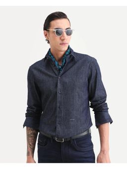 Rare Rabbit - Mens Insti Dark Blue Cotton Fabric Regular Fit Plain Shirt