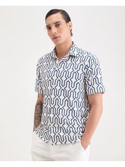 Rare Rabbit - Mens Geomex Light Off White Polyester Blend Printed Shirt