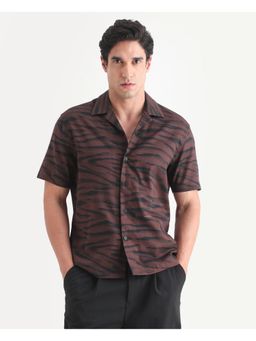 Rare Rabbit - Mens Dins Dusky Brown Cotton Blend Cuban Collar Abstract Print Shirt