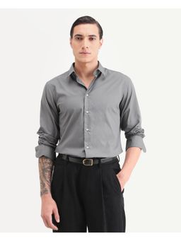 Rare Rabbit - Mens Copz Dark Grey Cotton Fabric Regular Fit Plain Shirt