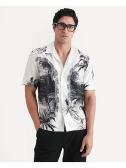 Rare Rabbit - Mens Coco White Cotton Blend Fabric Cuban Collar Tropical Print Shirt