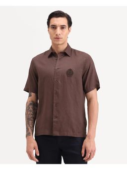 Rare Rabbit - Mens Cine Ss Brown Linen Blend Fabric Plain Shirt