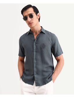 Rare Rabbit - Mens Cine Ss Dark Grey Linen Blend Fabric Plain Shirt