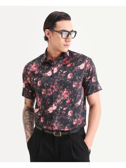 Rare Rabbit - Mens Aranger Black Cotton Fabric Regular Fit Printed Shirt
