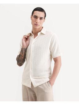 Rare Rabbit - Mens Angou Off White Cotton Fabric Regular Fit Plain Shirt