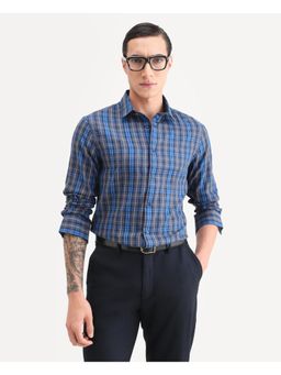 Rare Rabbit - Mens Aaxel Dark Blue Cotton Blend Fabric Checked Shirt